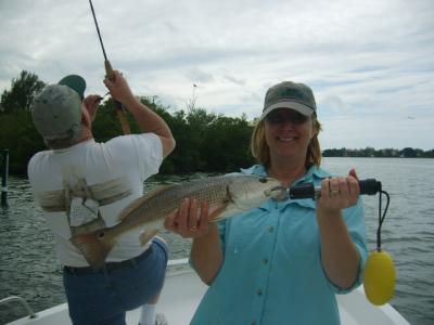 Sue Mathias caught this redfish using eight pound test line